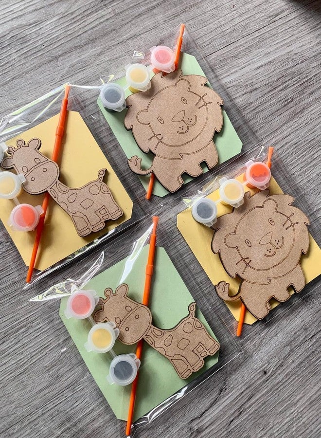 Curious Button Animal Painting Kit for Kids | 4 Inch Wooden MDF Jungle Animal Cutouts with Paint & Brush | DIY Craft Kit (Lion & Giraffe) - Image 1
